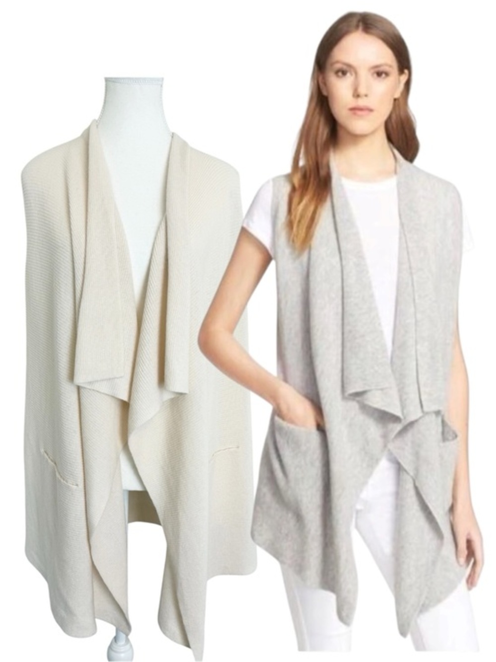 Vince Wool Cashmere Open Front Sleeveless Waterfall Vest Cream Size XS